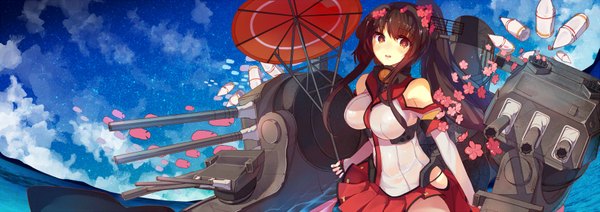 Anime picture 1753x620 with kantai collection yamato super battleship rain lan long hair looking at viewer blush fringe breasts light erotic smile brown hair wide image large breasts standing holding sky cloud (clouds) ponytail parted lips pleated skirt