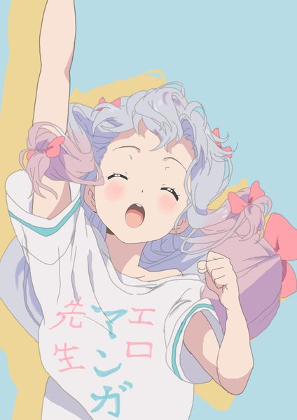 Anime picture 1364x1929 with eromanga sensei a-1 pictures izumi sagiri kin ryouma single long hair tall image looking at viewer fringe open mouth simple background silver hair eyes closed multicolored hair arm up ^ ^ clothes writing ^o^ girl bow
