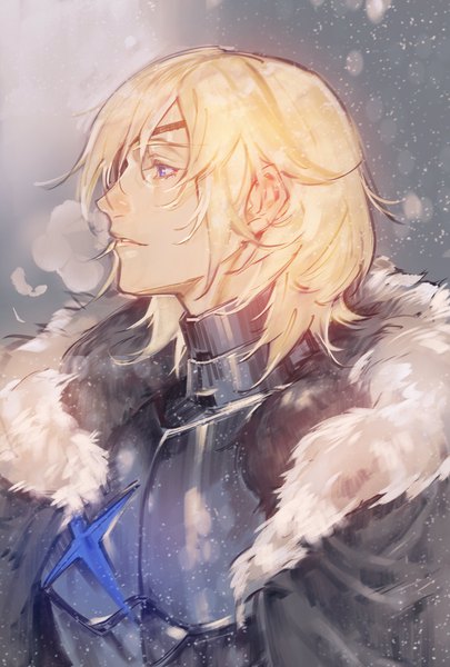 Anime picture 2362x3496 with fire emblem fire emblem: three houses nintendo dimitri alexandre blaiddyd kin mokusei single tall image fringe highres short hair blue eyes blonde hair smile hair between eyes looking away upper body parted lips profile fur trim portrait