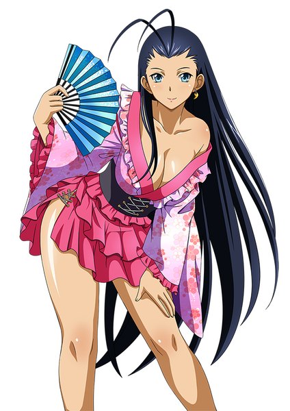 Anime picture 600x848 with ikkitousen kakouen myousai single tall image looking at viewer blue eyes light erotic black hair simple background white background ahoge very long hair traditional clothes japanese clothes girl kimono fan
