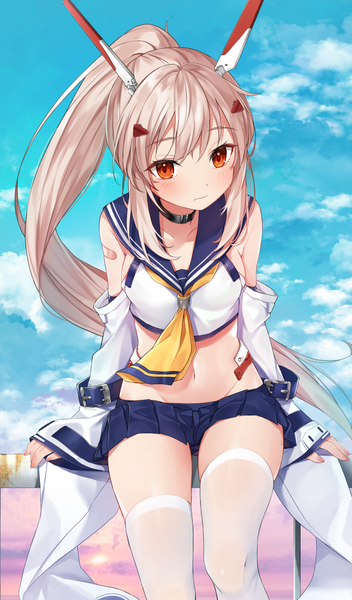 Anime picture 698x1190 with azur lane ayanami (azur lane) komazuki (komaworks240) single long hair tall image looking at viewer blush fringe light erotic blonde hair hair between eyes sitting payot sky cloud (clouds) outdoors ponytail pleated skirt fingernails