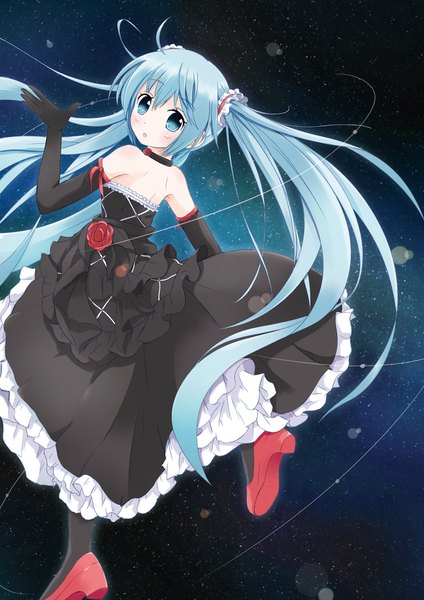Anime picture 707x1000 with vocaloid hatsune miku mode (mode-n) single long hair tall image blush blue eyes twintails blue hair looking back girl dress gloves elbow gloves
