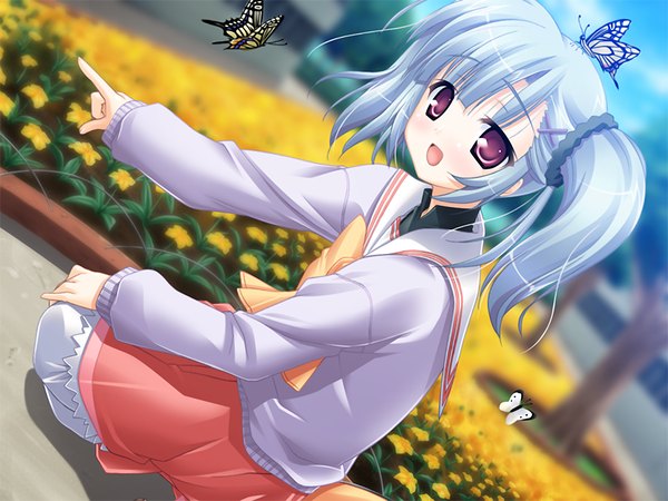 Anime picture 1200x900 with gakuto (game) single red eyes twintails game cg grey hair girl flower (flowers) insect butterfly flower field