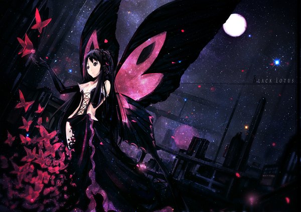 Anime picture 1920x1356 with accel world sunrise (studio) kuroyukihime oyeung single long hair highres black hair brown eyes looking away inscription night night sky city insect wings butterfly wings girl gloves petals wings