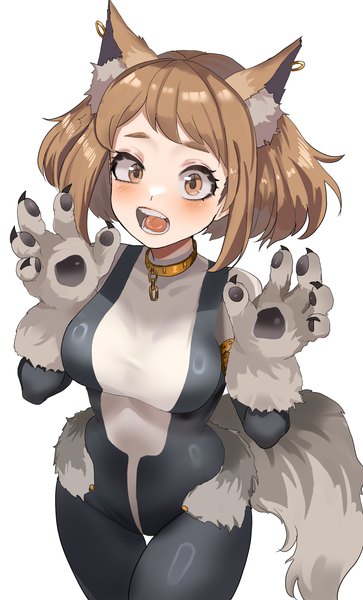 Anime picture 2230x3690 with boku no hero academia studio bones uraraka ochako zd (pixiv6210083) single tall image looking at viewer blush highres short hair breasts open mouth light erotic simple background brown hair large breasts standing white background brown eyes animal ears