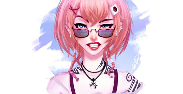 Anime picture 920x478 with rafaarsen single looking at viewer short hair blue eyes wide image pink hair tattoo piercing ear piercing girl choker glasses
