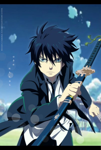 Anime picture 1000x1488 with ao no exorcist a-1 pictures okumura rin akira-12 single tall image short hair blue eyes black hair sky cloud (clouds) inscription coloring hieroglyph boy weapon sword necktie katana suit