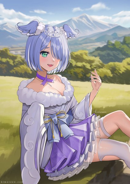 Anime picture 1414x2000 with virtual youtuber nijisanji nijisanji en elira pendora elira pendora (2nd costume) kimopoleis single tall image fringe breasts open mouth sitting green eyes blue hair looking away cleavage outdoors :d hair over one eye fang (fangs)