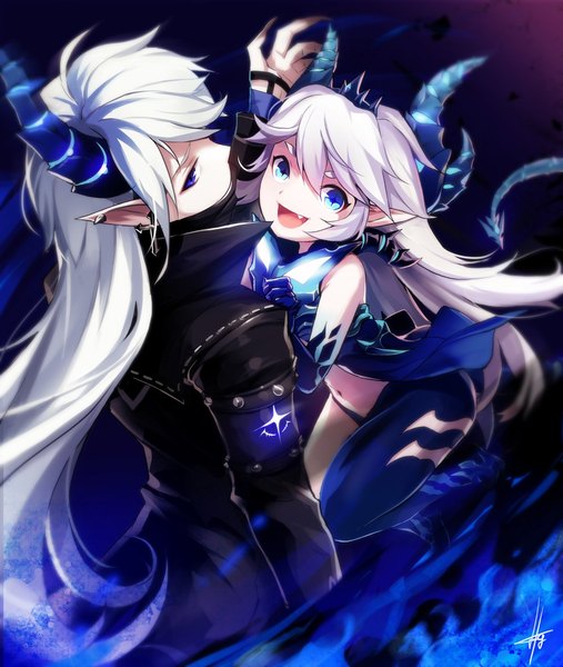 Anime picture 1000x1182 with elsword luciela r. sourcream (elsword) ciel (elsword) diabla (elsword) demonio (elsword) ha-gha long hair tall image looking at viewer fringe open mouth blue eyes simple background hair between eyes bare shoulders signed payot ahoge bent knee (knees) white hair