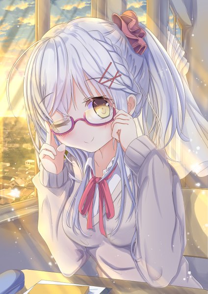 Anime picture 1111x1571 with original aruka (alka p1) single long hair tall image looking at viewer blush breasts smile sky silver hair cloud (clouds) upper body ponytail indoors long sleeves head tilt one eye closed wink sunlight