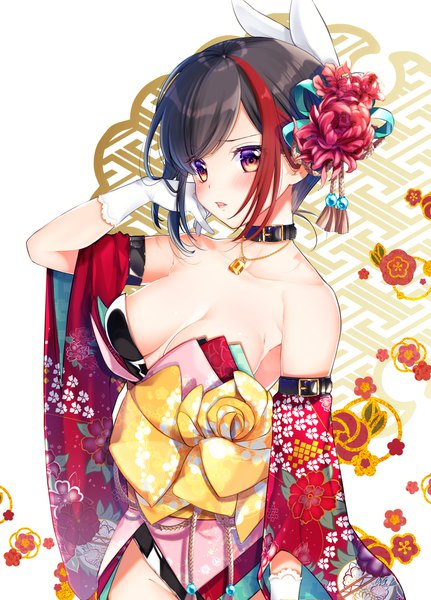 Anime picture 1134x1577 with bang dream! mitake ran tsurugi hikaru single tall image blush fringe short hair breasts light erotic black hair standing white background bare shoulders payot looking away cleavage traditional clothes parted lips japanese clothes
