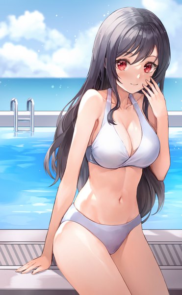 Anime picture 591x955 with original lunacle single long hair tall image looking at viewer blush fringe breasts light erotic black hair smile hair between eyes red eyes large breasts sitting sky cloud (clouds) outdoors blurry