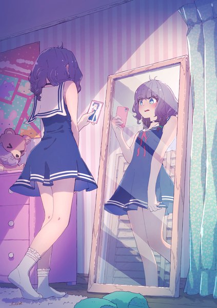 Anime picture 1062x1505 with original kagawa yuusaku single long hair tall image blush fringe open mouth blue eyes standing bare shoulders holding signed looking away purple hair full body ahoge indoors braid (braids) from behind