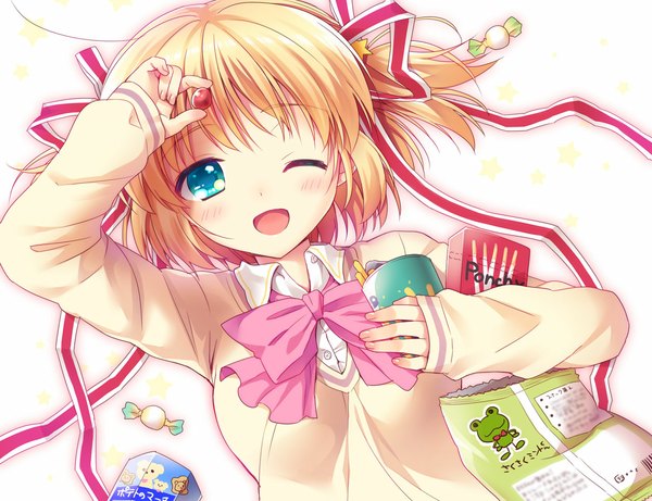 Anime picture 1170x900 with little busters! key (studio) kamikita komari fuyuichi (artist) single blush short hair open mouth blue eyes blonde hair one eye closed wink two side up girl uniform ribbon (ribbons) hair ribbon school uniform food sweets