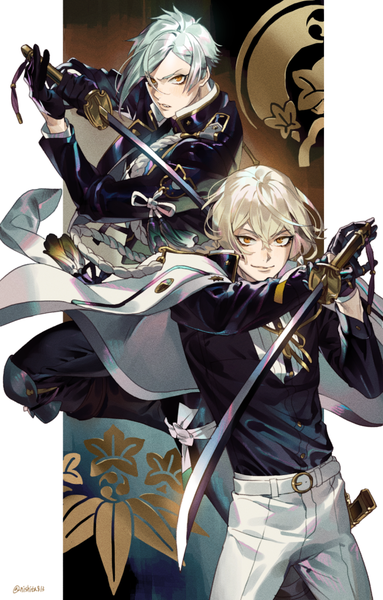 Anime picture 650x1018 with touken ranbu nitroplus higekiri (touken ranbu) hizamaru (touken ranbu) nishita tall image looking at viewer fringe short hair blonde hair hair between eyes signed silver hair multiple boys orange eyes twitter username clothes on shoulders boy gloves weapon