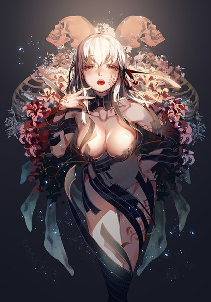 Anime picture 700x1000 with fate (series) fate/stay night type-moon matou sakura dark sakura ser323 single long hair tall image looking at viewer blush breasts open mouth light erotic red eyes large breasts white hair dark background skeleton girl