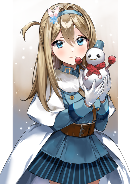 Anime picture 2480x3508 with girls frontline suomi kp31 (girls frontline) moko (moko/moko) single long hair tall image looking at viewer blush fringe highres blue eyes blonde hair smile hair between eyes one side up outside border pillarboxed girl gloves hair ornament