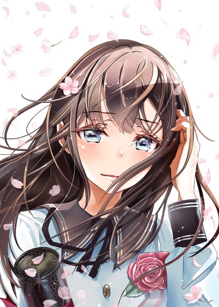 Anime picture 715x1000 with original keepout single long hair tall image looking at viewer blush blue eyes brown hair upper body hair flower wind cherry blossoms adjusting hair graduation girl uniform flower (flowers) school uniform petals