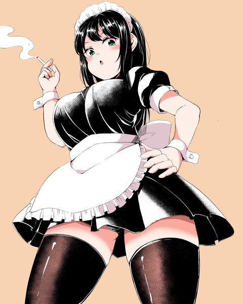 Anime picture 1642x2048 with original suzune kou single tall image short hair breasts open mouth light erotic black hair simple background large breasts green eyes from below short sleeves maid puffy sleeves hand on hip thighs smoke brown background
