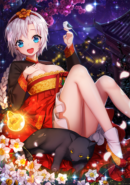 Anime picture 1000x1415 with qurare: magic library miu (qurare) ango single long hair tall image looking at viewer blush fringe breasts open mouth blue eyes light erotic smile hair between eyes large breasts sitting silver hair bent knee (knees) outdoors