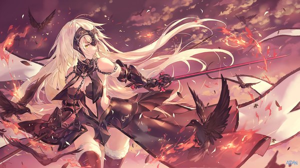 Anime picture 1600x900 with fate (series) fate/grand order jeanne d'arc (fate) (all) jeanne d'arc alter (fate) atdan single long hair blush light erotic blonde hair wide image signed yellow eyes looking away wind warrior girl thighhighs weapon black thighhighs