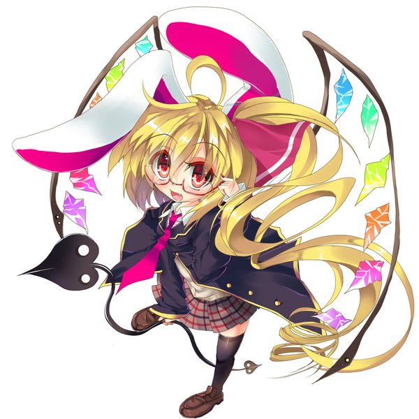Anime picture 1900x1900 with touhou flandre scarlet tinkvov (artist) single long hair highres open mouth blonde hair red eyes animal ears bunny ears drill hair bespectacled girl thighhighs weapon black thighhighs wings glasses necktie