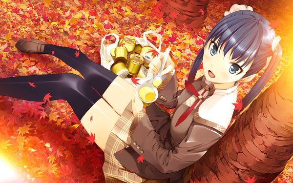 Anime picture 1024x640 with akizora ni mau confetti andou saya long hair open mouth blue eyes black hair wide image twintails game cg girl thighhighs black thighhighs serafuku leaf (leaves)