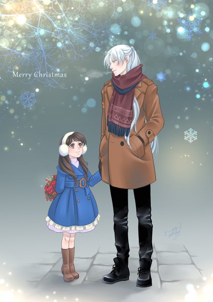 Anime picture 800x1132 with inuyasha sesshomaru rin (inuyasha) tokiko (psychopomp) long hair tall image blush fringe smile brown hair standing holding brown eyes signed yellow eyes looking away silver hair full body profile pointy ears