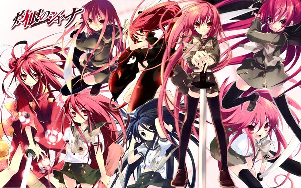 Anime picture 6400x4000 with shakugan no shana j.c. staff shana itou noiji fringe highres open mouth black hair hair between eyes red eyes wide image standing pink hair very long hair traditional clothes japanese clothes pleated skirt black eyes inscription official art
