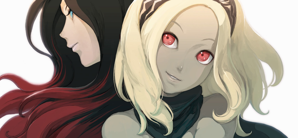 Anime picture 3058x1418 with gravity daze kat (gravity daze) crow (gravity daze) long hair highres blue eyes blonde hair simple background red eyes wide image white background bare shoulders multiple girls looking away profile multicolored hair light smile gradient hair girl 2 girls