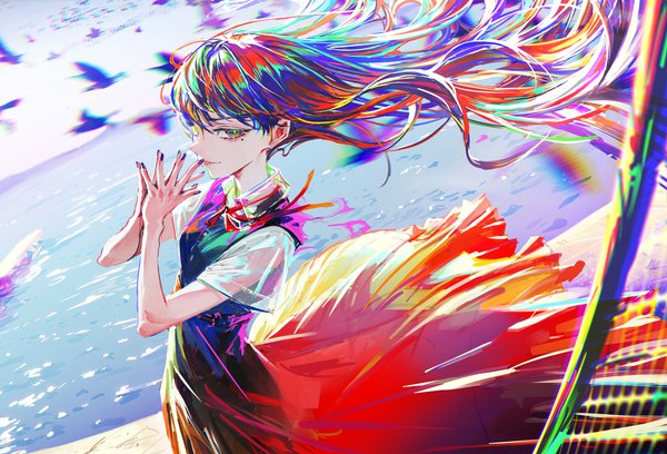 Anime picture 4096x2782 with original arata yokoyama single long hair looking at viewer fringe highres hair between eyes standing multiple girls green eyes absurdres sky outdoors nail polish parted lips profile fingernails wind blurry