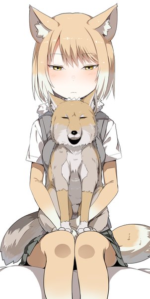 Anime picture 662x1316 with kemono friends tibetan sand fox (kemono friends) greatmosu single tall image looking at viewer blush fringe short hair blonde hair simple background white background sitting animal ears yellow eyes white hair tail animal tail pleated skirt multicolored hair