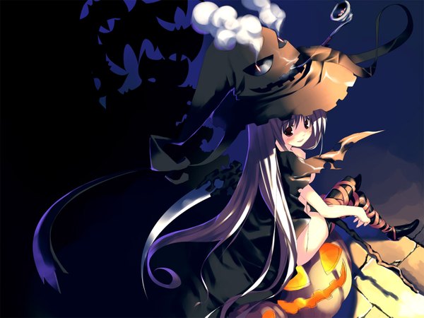 Anime picture 1600x1200 with original kagome (traumatize) looking at viewer fringe smile red eyes sitting very long hair parted lips looking back from above grey hair crossed legs light dark background shaded face smoke halloween witch smoking