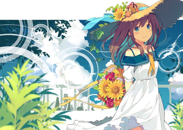 Anime-Bild 2000x1422 mit original sutorora single long hair looking at viewer blush fringe highres blue eyes smile brown hair bare shoulders holding girl dress flower (flowers) ribbon (ribbons) hat white dress sundress