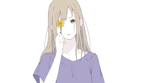 Anime picture 1120x640 with original natuich single long hair looking at viewer fringe open mouth simple background blonde hair wide image white background holding brown eyes covering white skin covering eye (eyes) girl hair ornament bobby pin