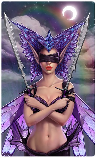 Anime picture 669x1100 with enchantress-lele single tall image light erotic lips pointy ears bare belly midriff insect wings blindfold girl navel weapon sword wings