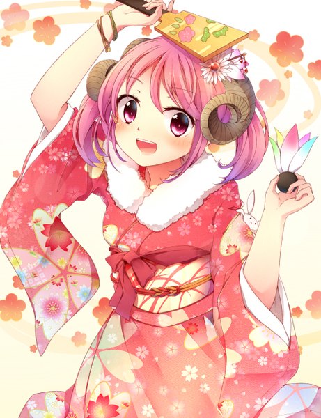 Anime picture 1000x1300 with kantai collection sazanami destroyer fuuen (akagaminanoka) single tall image looking at viewer blush short hair open mouth twintails pink hair traditional clothes japanese clothes pink eyes hair flower horn (horns) from above alternate costume floral print short twintails