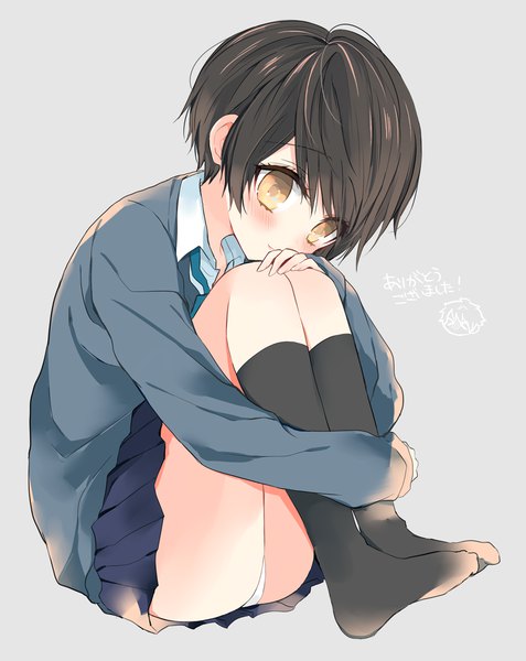 Anime picture 954x1200 with original amesawa mokke single tall image blush short hair light erotic simple background brown hair brown eyes full body grey background no shoes girl uniform underwear panties school uniform socks black socks