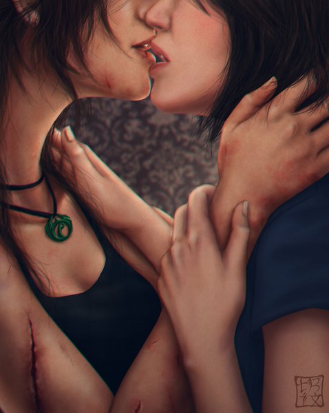 Anime picture 900x1128 with tomb raider lara croft samantha nishimura trixia long hair tall image open mouth multiple girls fingernails lips realistic scar shoujo ai head out of frame almost kiss injury girl 2 girls earrings necklace