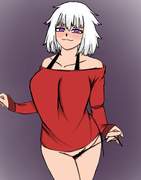 Anime picture 940x1200 with original aarunime single tall image looking at viewer blush fringe short hair light erotic simple background smile hair between eyes standing purple eyes bare shoulders white hair long sleeves off shoulder groin sleeves past wrists