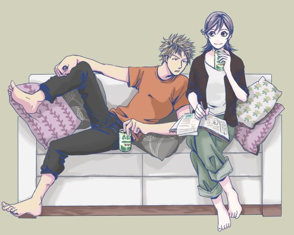 Anime picture 1280x1024 with giant killing tatsumi takeshi nagata yuri tagme (artist) short hair open mouth simple background smile brown hair sitting purple eyes purple hair barefoot reclining girl boy pillow book (books) couch pen