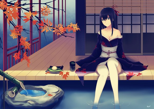 Anime picture 3000x2121 with original alexiel (artist) single long hair fringe highres breasts black hair sitting bare shoulders signed looking away bent knee (knees) outdoors long sleeves traditional clothes head tilt japanese clothes wide sleeves grey eyes