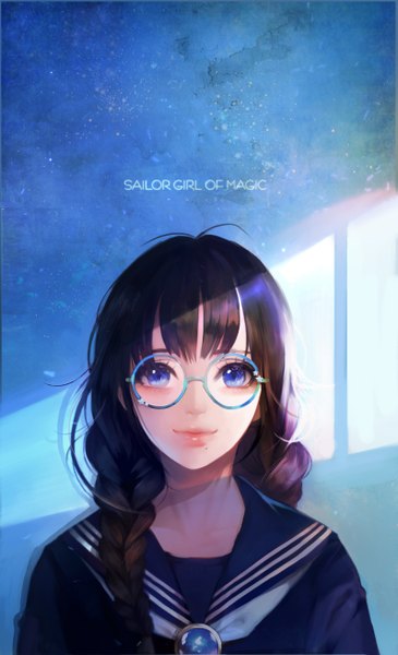 Anime picture 1596x2623 with original majo single long hair tall image looking at viewer fringe blue eyes smile brown hair upper body braid (braids) lips sunlight mole twin braids mole under mouth sailor collar starry sky print girl