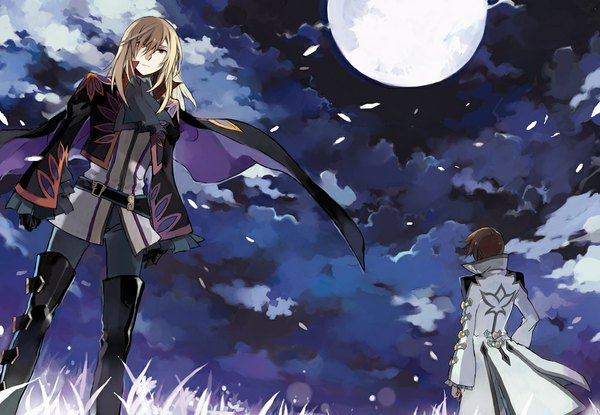 Anime picture 1077x745 with tales of graces asbel lhant richard (tales) long hair short hair blonde hair red eyes brown hair cloud (clouds) night sky boy petals belt moon suit