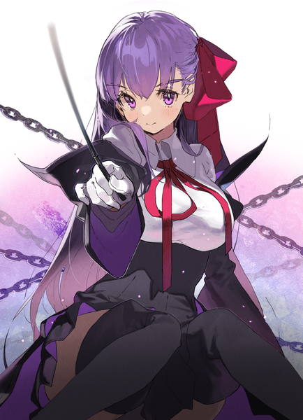 Anime picture 1218x1681 with fate (series) fate/extra fate/extra ccc bb (fate) (all) bb (fate/extra) uzubilla single long hair tall image looking at viewer blush smile sitting purple eyes purple hair outstretched arm girl thighhighs gloves ribbon (ribbons)