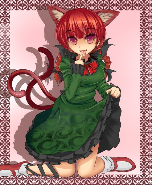 Anime picture 1680x2046 with touhou kaenbyou rin fukunaga kazuhiro single long hair tall image red eyes animal ears red hair braid (braids) animal tail cat ears cat tail kneeling girl tongue