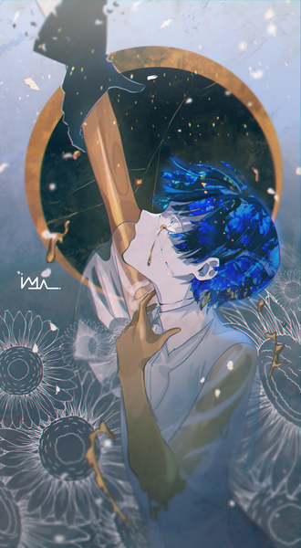 Anime picture 2150x3915 with houseki no kuni phosphophyllite phosphophyllite (ll) iyo (iyoo) tall image highres short hair signed blue hair profile arm up tears looking up solo focus floral background androgynous spoilers white eyes gloves black gloves