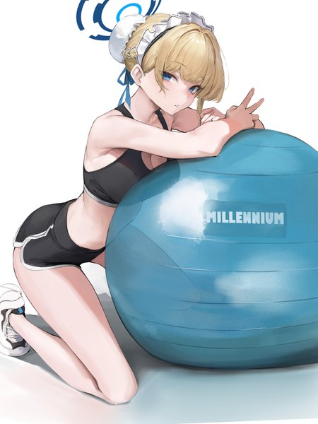 Anime picture 3000x4004 with blue archive toki (blue archive) leviathan (hikinito0902) single tall image looking at viewer blush fringe highres short hair breasts blue eyes light erotic simple background blonde hair bare shoulders cleavage full body blunt bangs parted lips