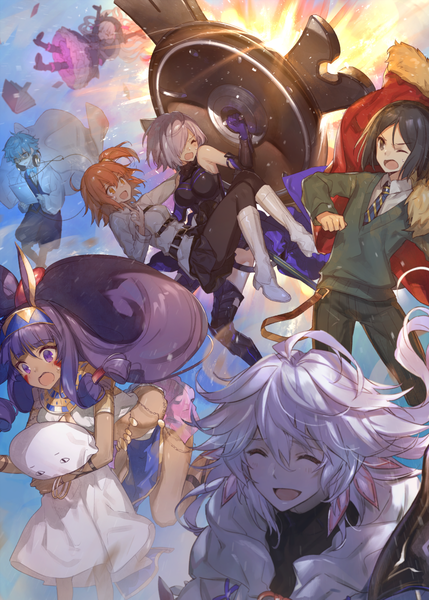 Anime-Bild 858x1200 mit fate (series) fate/grand order fate/zero fate/extra fate/extra ccc mash kyrielight fujimaru ritsuka (female) nitocris (fate) merlin (fate) medjed waver velvet nursery rhyme (fate/extra) hans christian andersen (fate) chocoan long hair tall image fringe short hair breasts open mouth