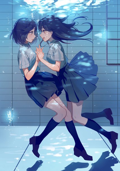 Anime picture 2480x3508 with original zhibuji loom long hair tall image highres short hair open mouth black hair red eyes multiple girls full body :d profile pleated skirt shadow floating hair holding hands shoujo ai underwater face to face
